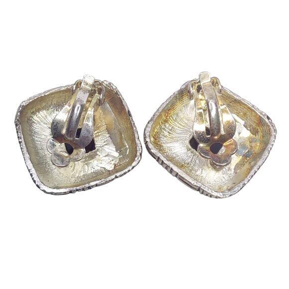 Silver Tone Metal Square ClipOn Square Earrings Black Rhinestone 80s Vtg Jewelry - Picture 2 of 3